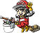 モップにまたがっている赤い清掃着を着たマスコットキャラクター